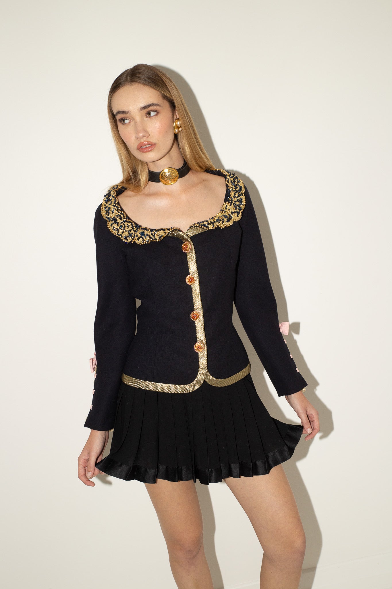 Gianni Versace <br> S/S 1992 Couture runway & campaign beaded collar jacket with lace & ribbon detail