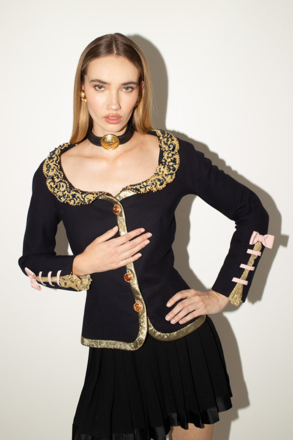 Gianni Versace <br> S/S 1992 Couture runway & campaign beaded collar jacket with lace & ribbon detail