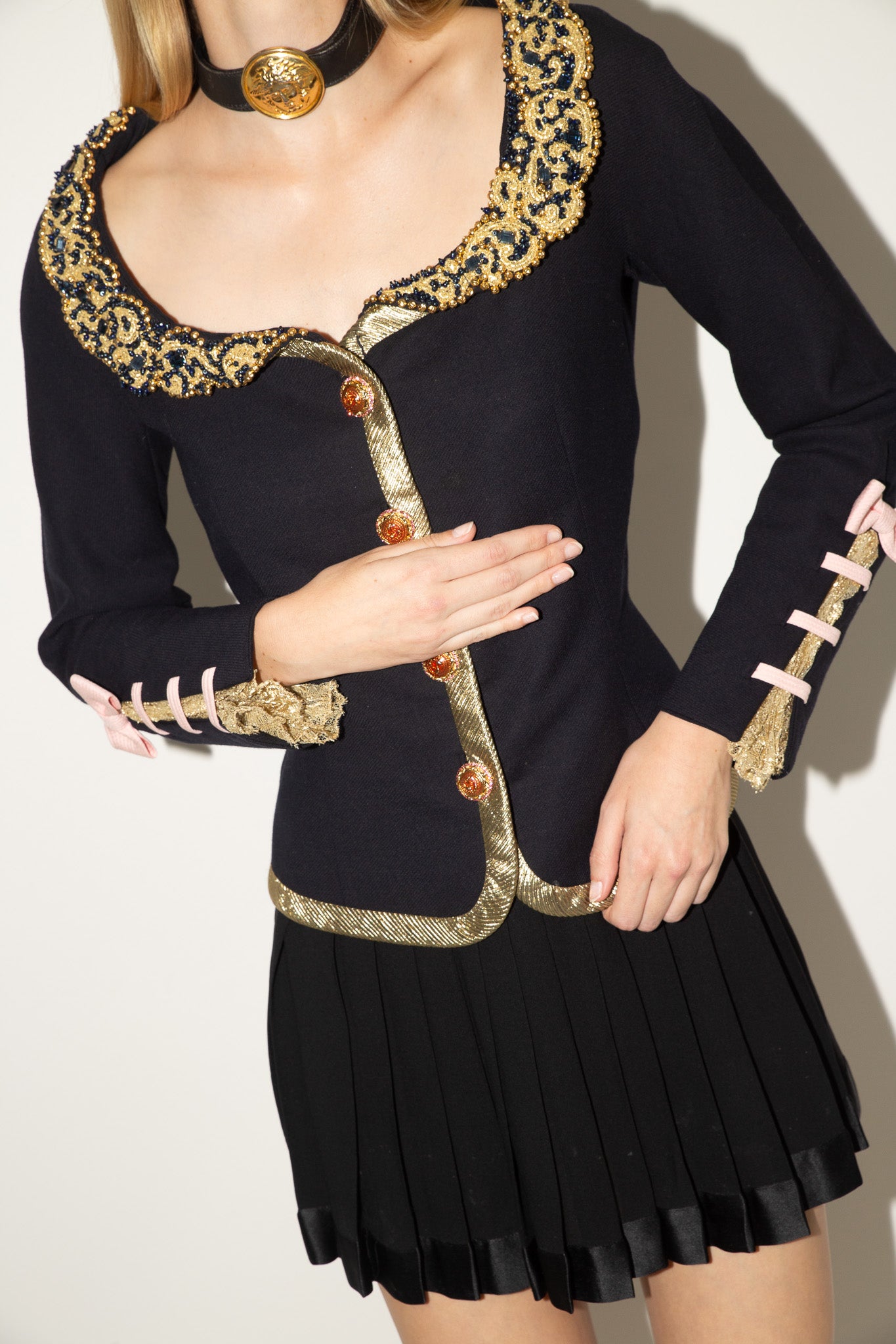 Gianni Versace <br> S/S 1992 Couture runway & campaign beaded collar jacket with lace & ribbon detail