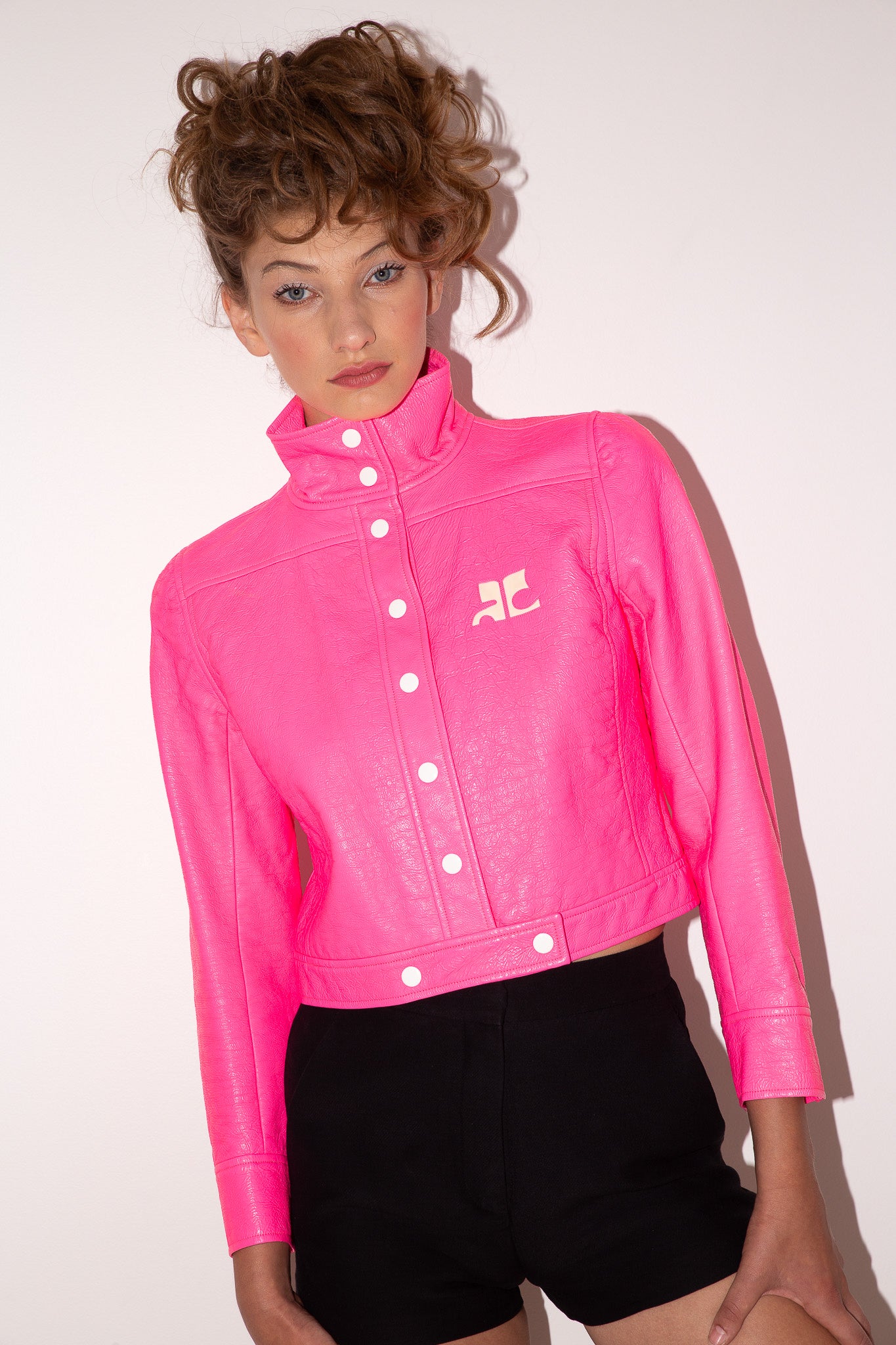 Courreges <br> 90's neon pink vinyl logo bomber jacket