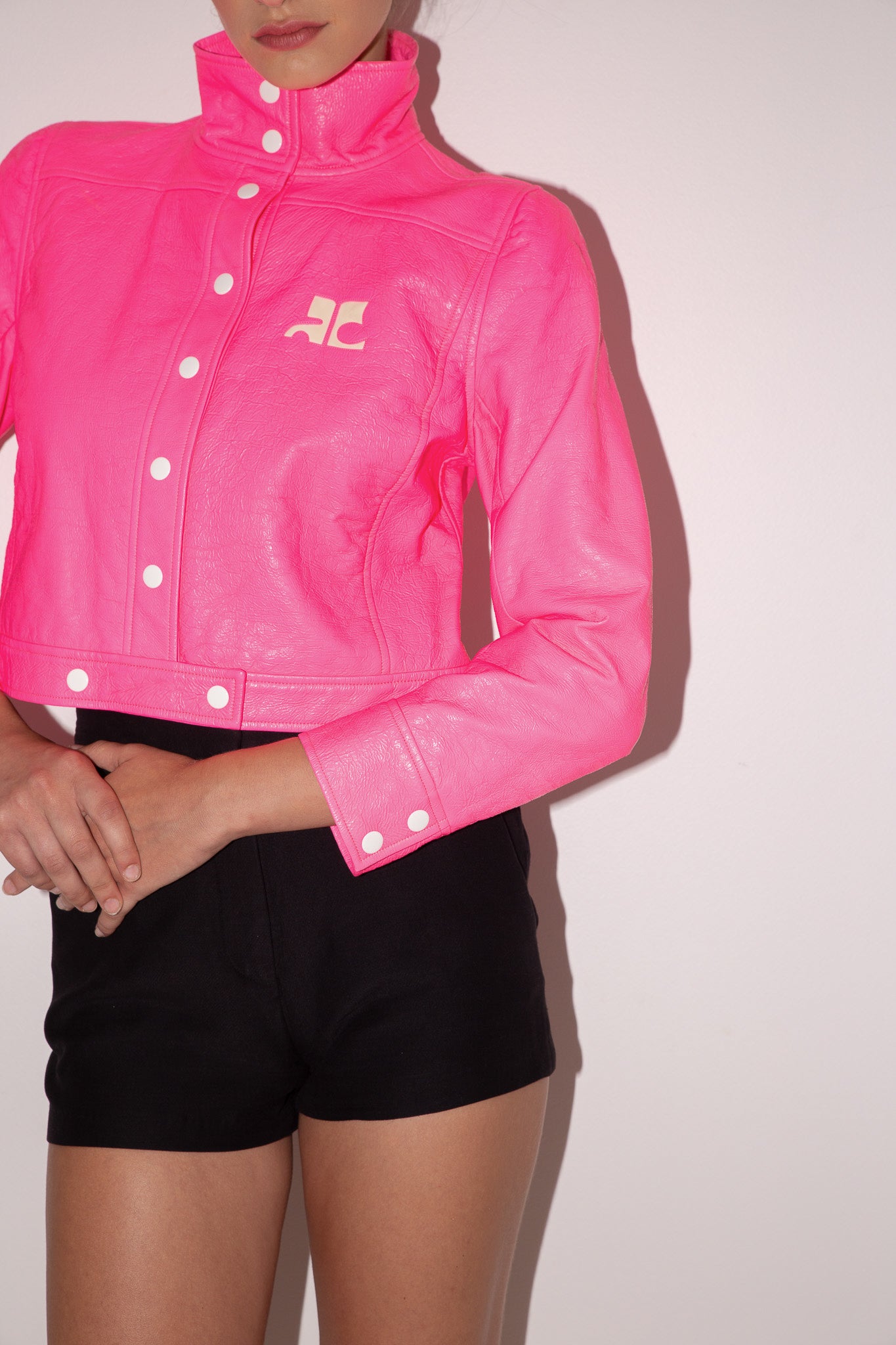 Courreges <br> 90's neon pink vinyl logo bomber jacket