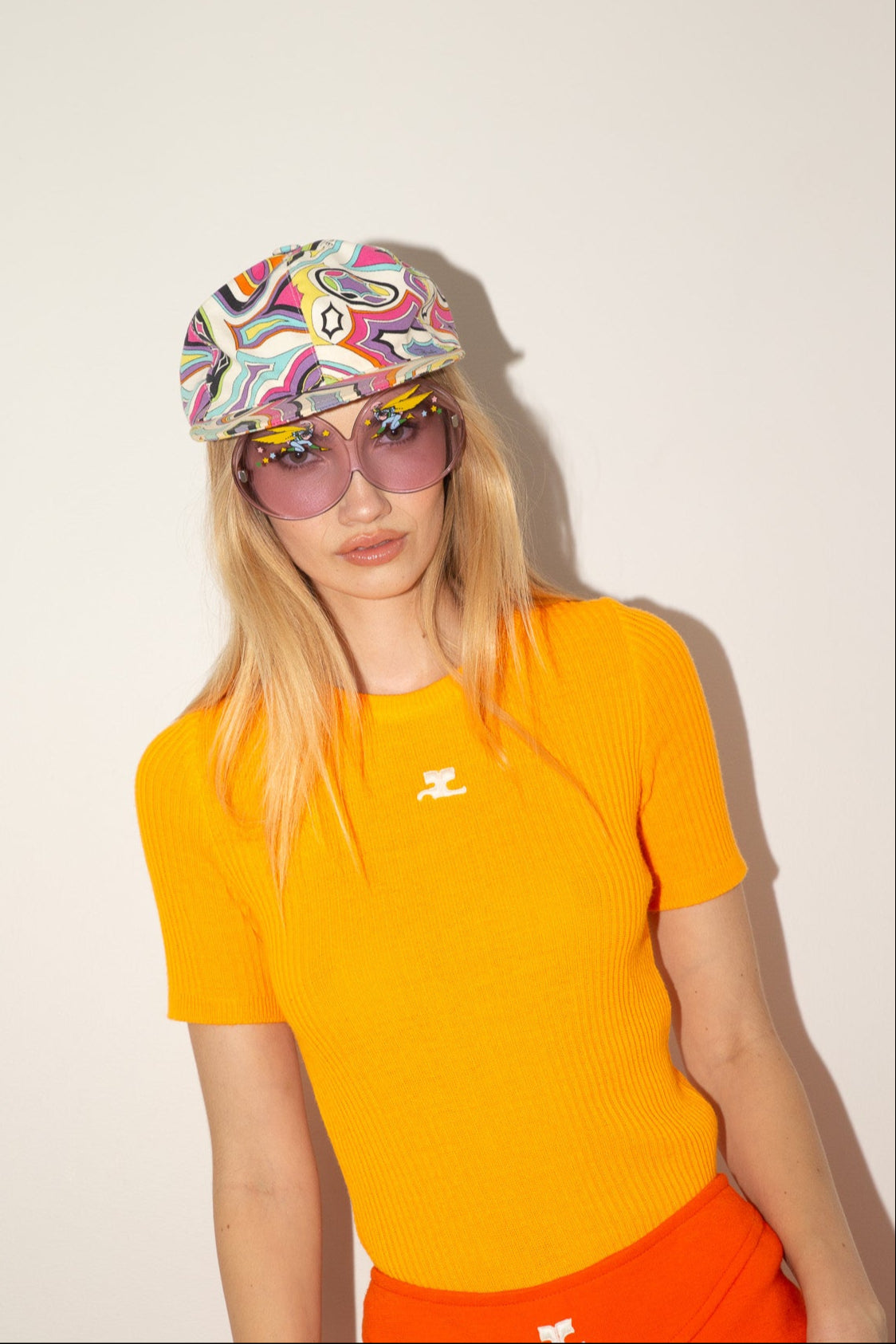 Courreges <br> 70's neon orange ribbed knit logo top