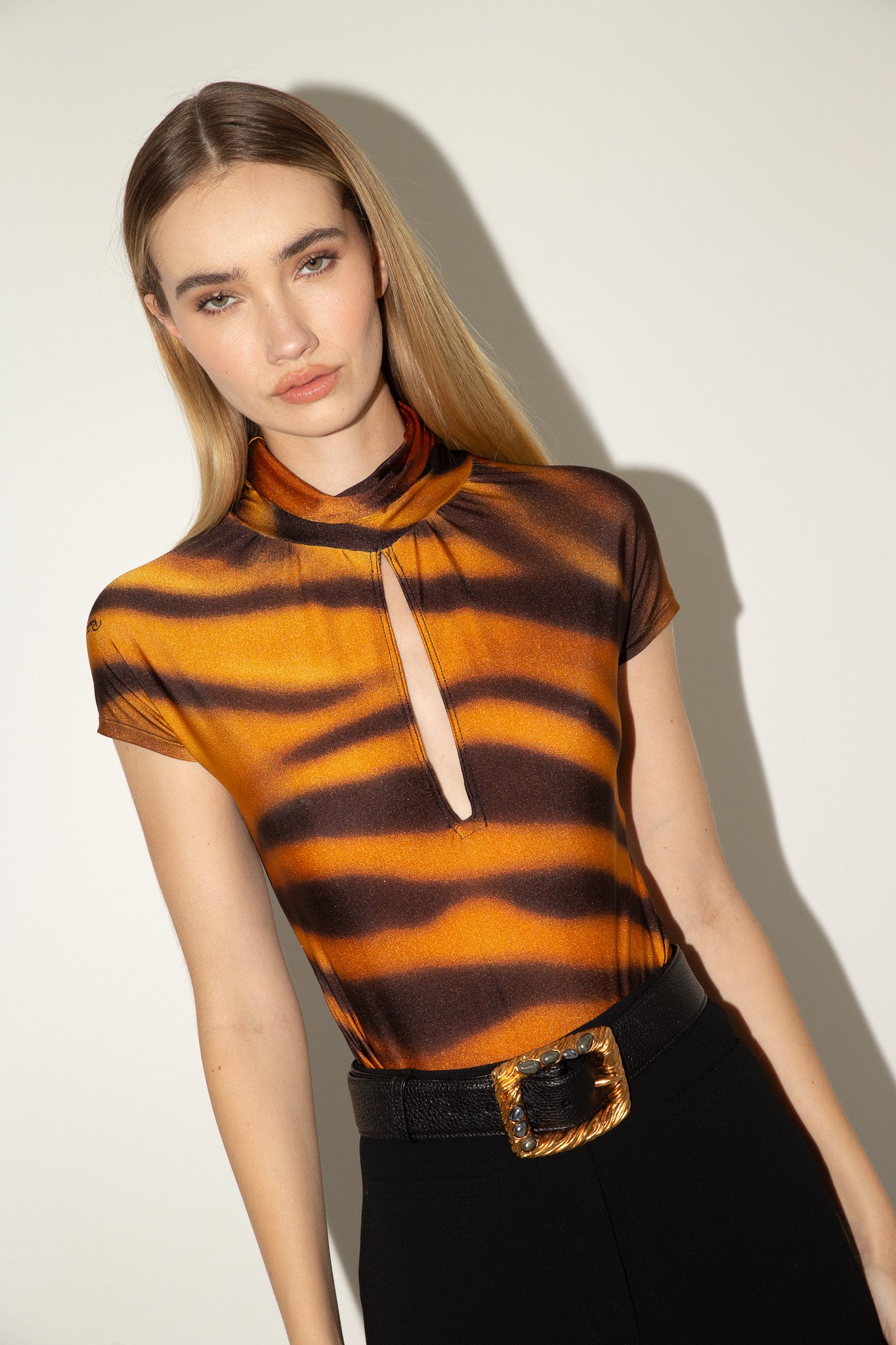Roberto Cavalli <br> F/W 2000 tiger print keyhole cut-out mockneck top