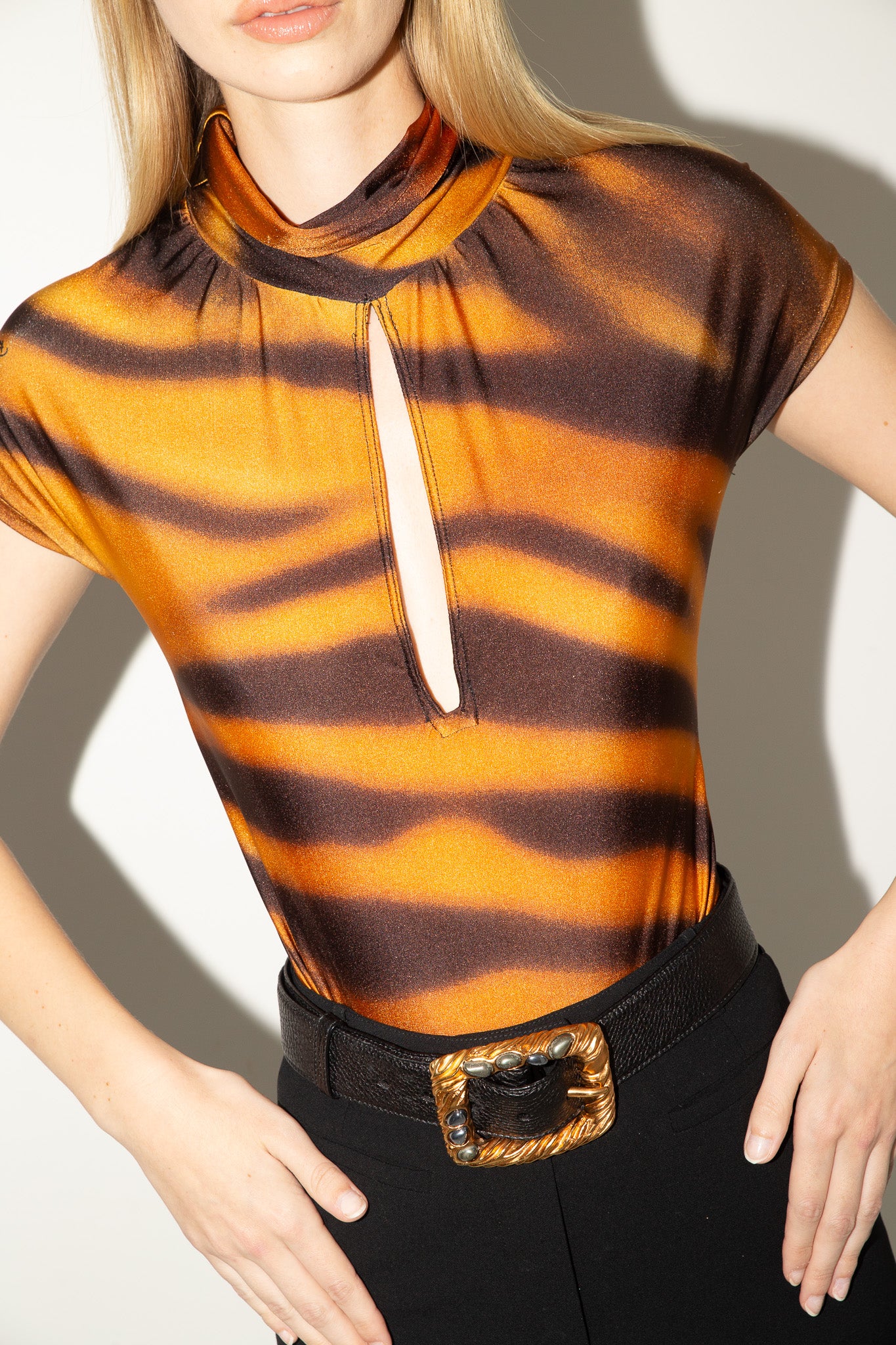 Roberto Cavalli <br> F/W 2000 tiger print keyhole cut-out mockneck top