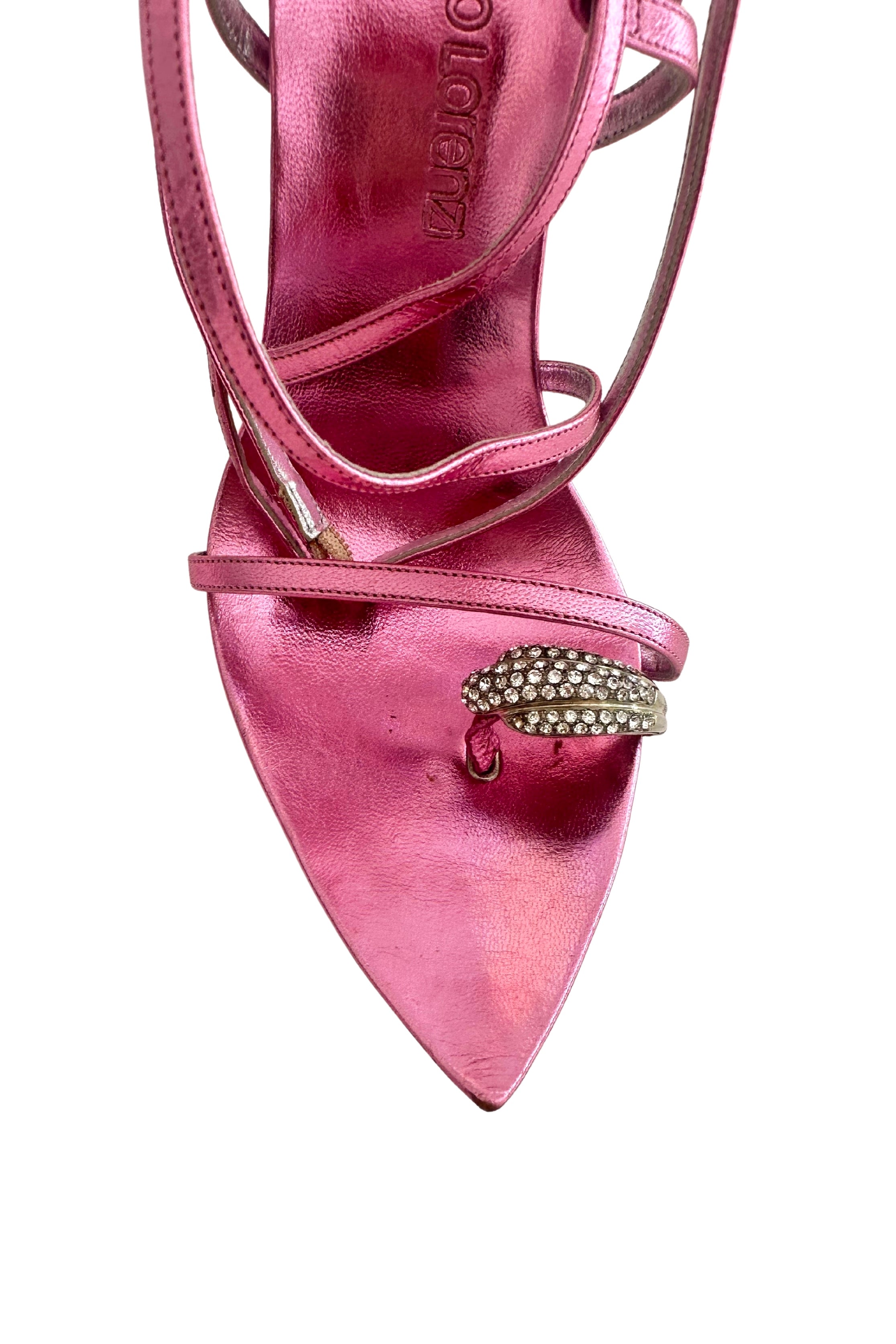 Gianmarco Lorenzi <br> Y2K pink lucite & metallic leather crystal studded heels