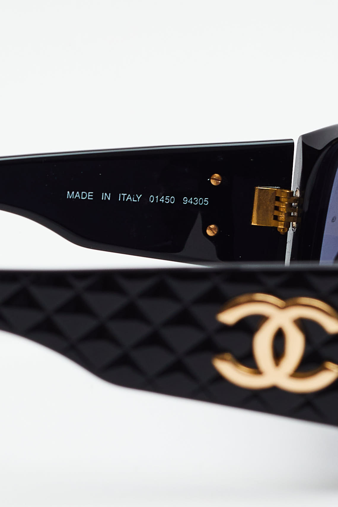 Chanel <br> 80's gold CC logo quilted arm black sunglasses