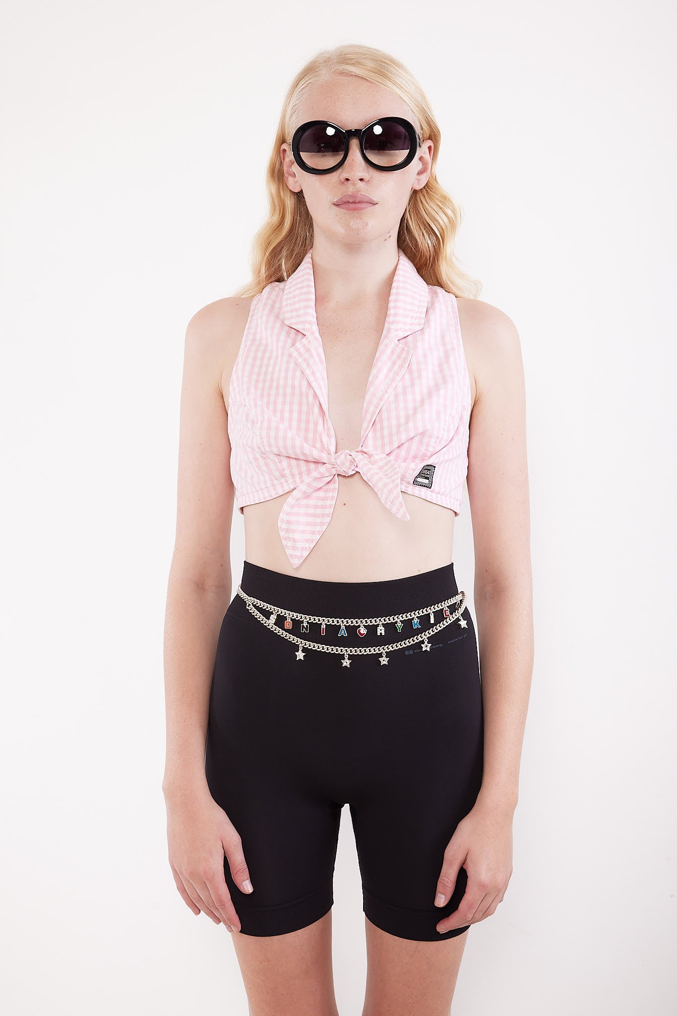 Versace <br> 90's Jeans Couture pink gingham tie front top