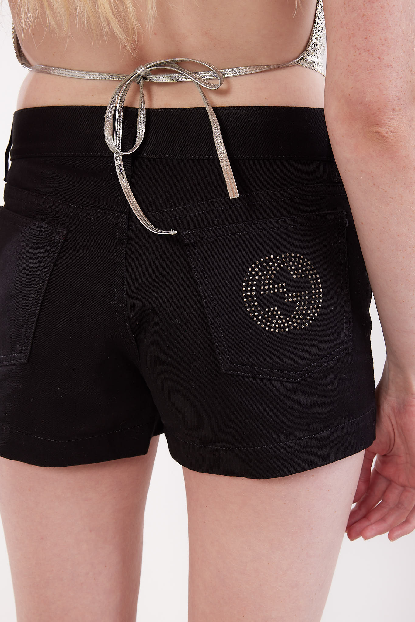 Gucci <br> Y2K black denim logo studded shorts