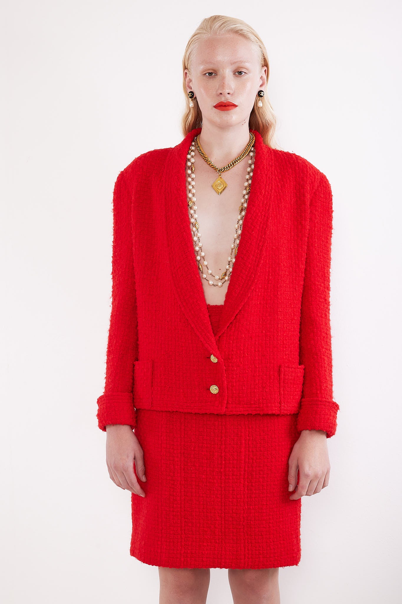Chanel <br> S/S 1989 runway wool & mohair tweed logo button suit