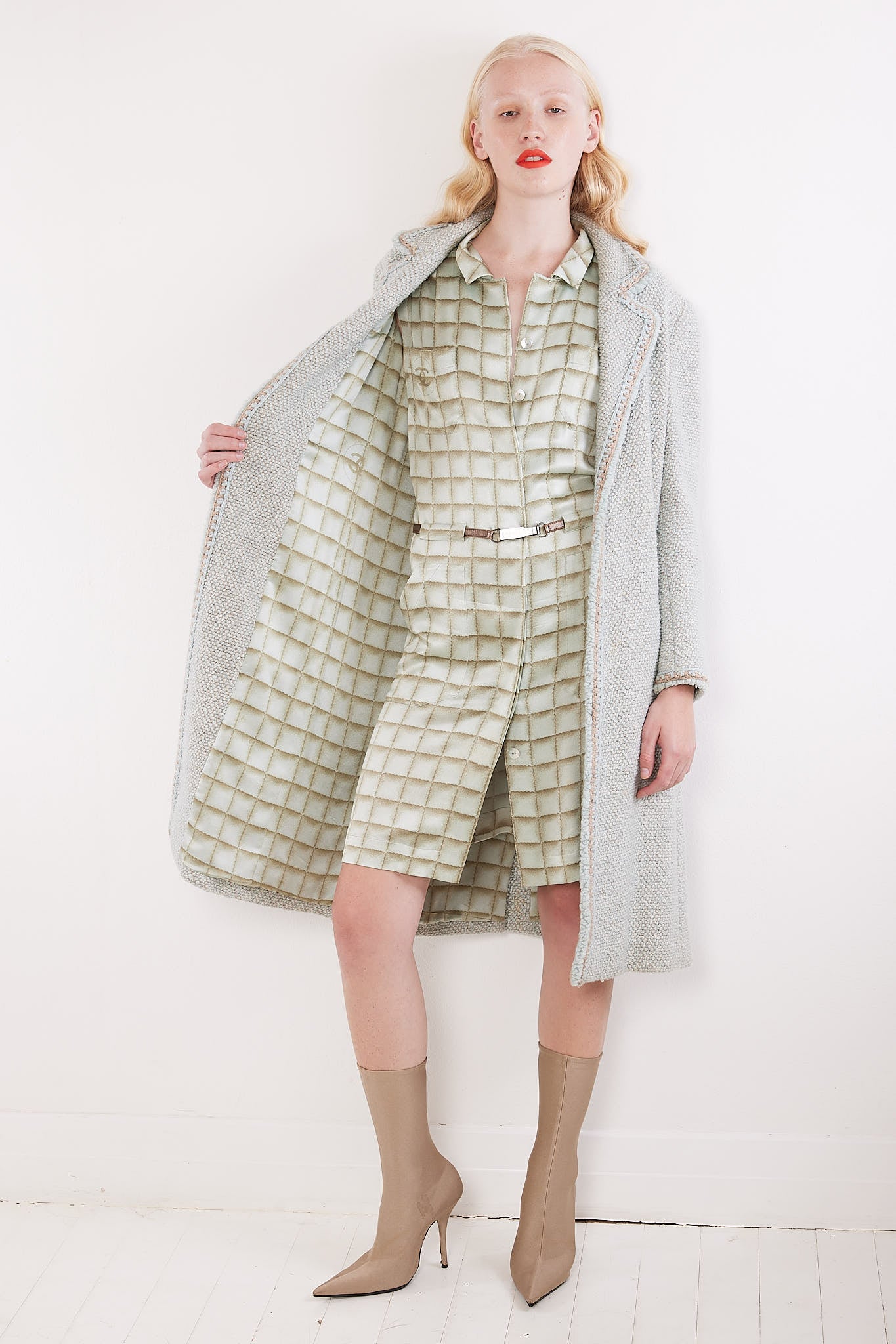 Chanel <br> F/W 2000 runway tweed coat, silk dress & belt ensemble