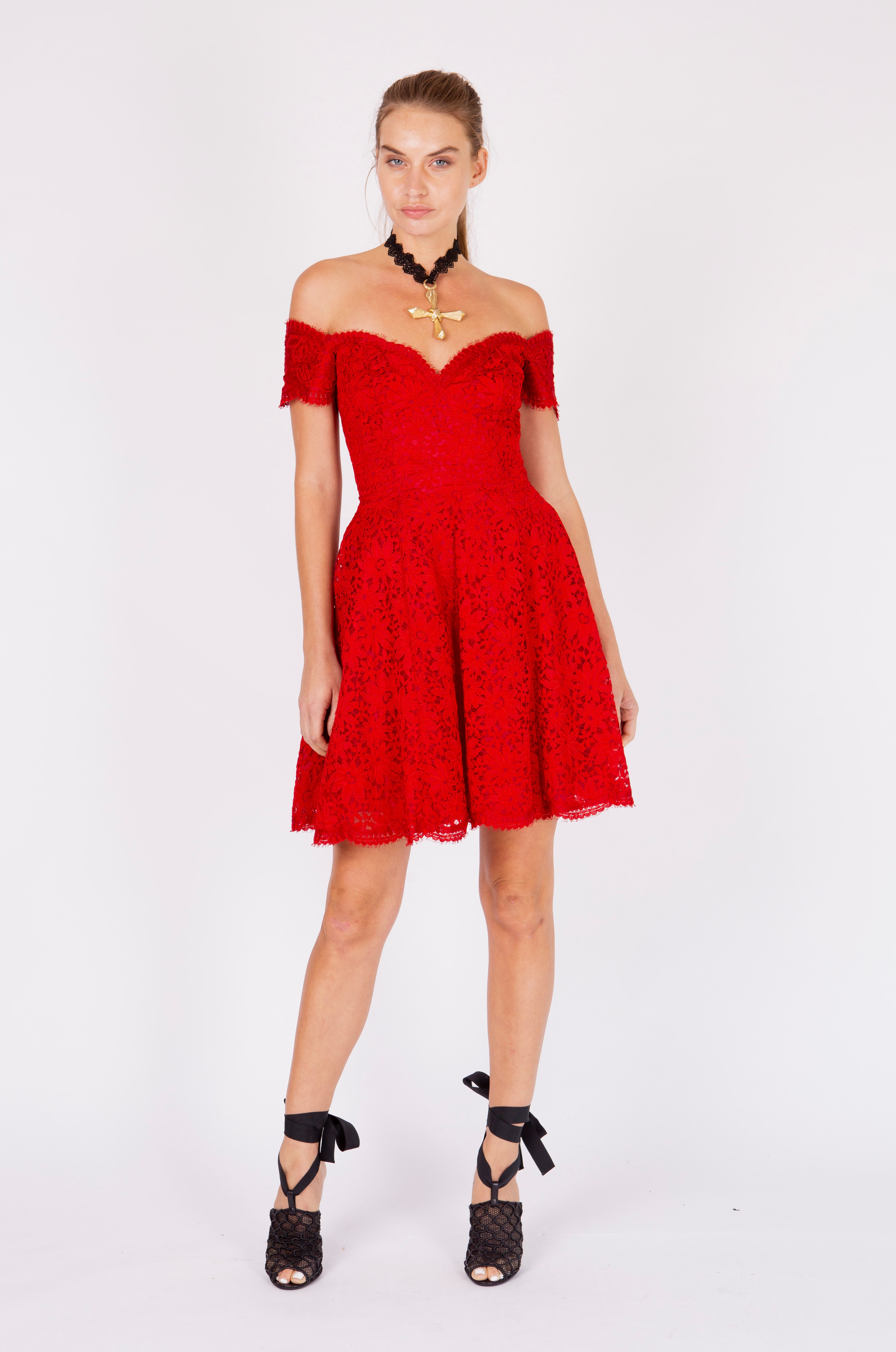 Vicky Tiel <br> 80's Couture red lace off the shoulder dress