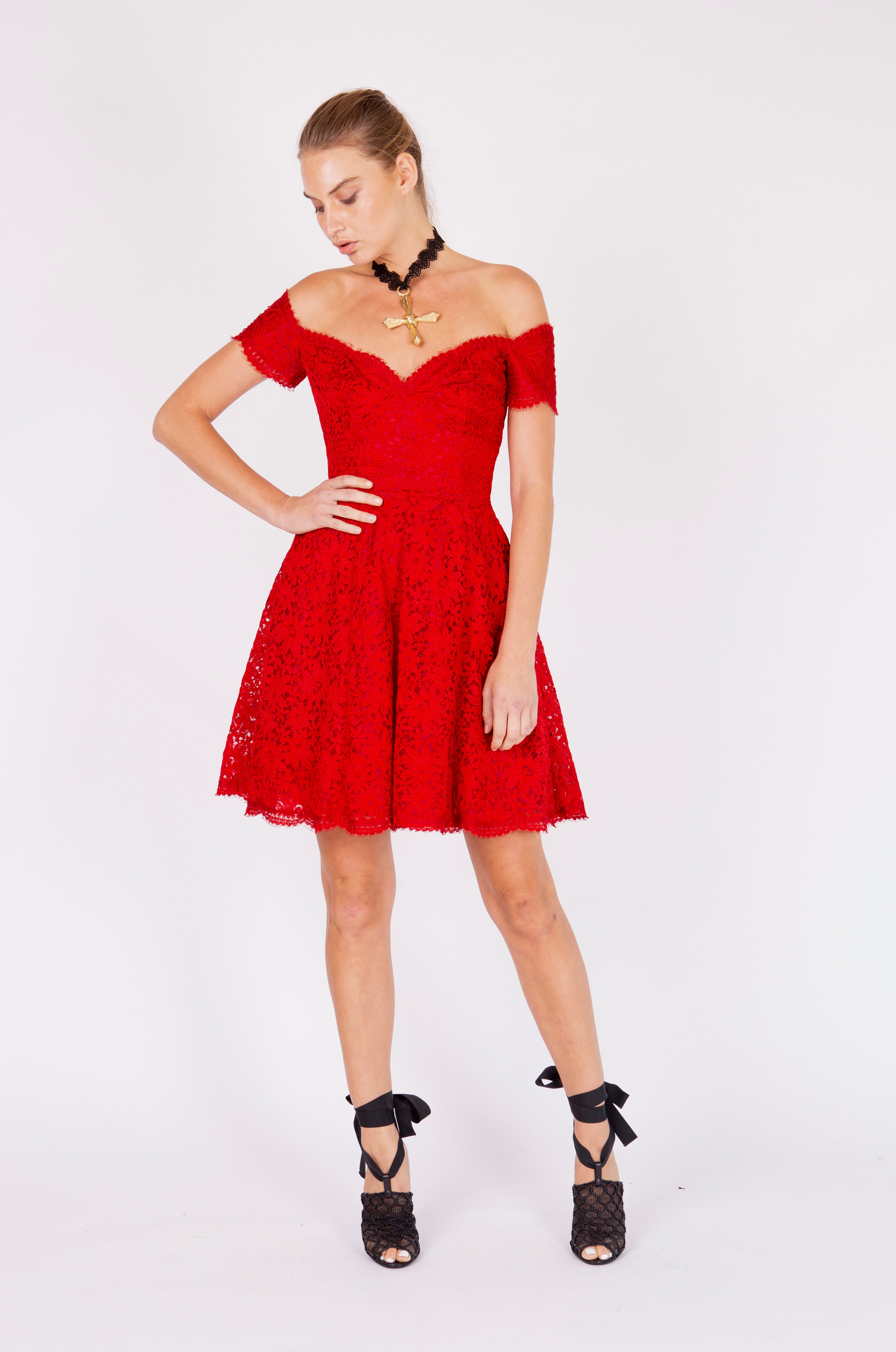 Vicky Tiel <br> 80's Couture red lace off the shoulder dress