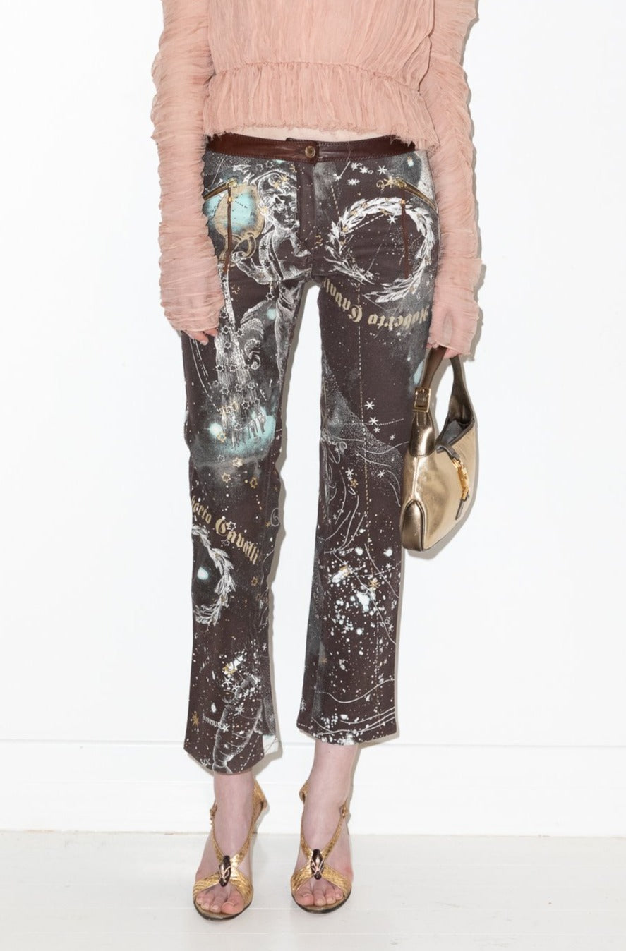 Roberto Cavalli <br> F/W 2003 mainline astrology print jeans with leather trim
