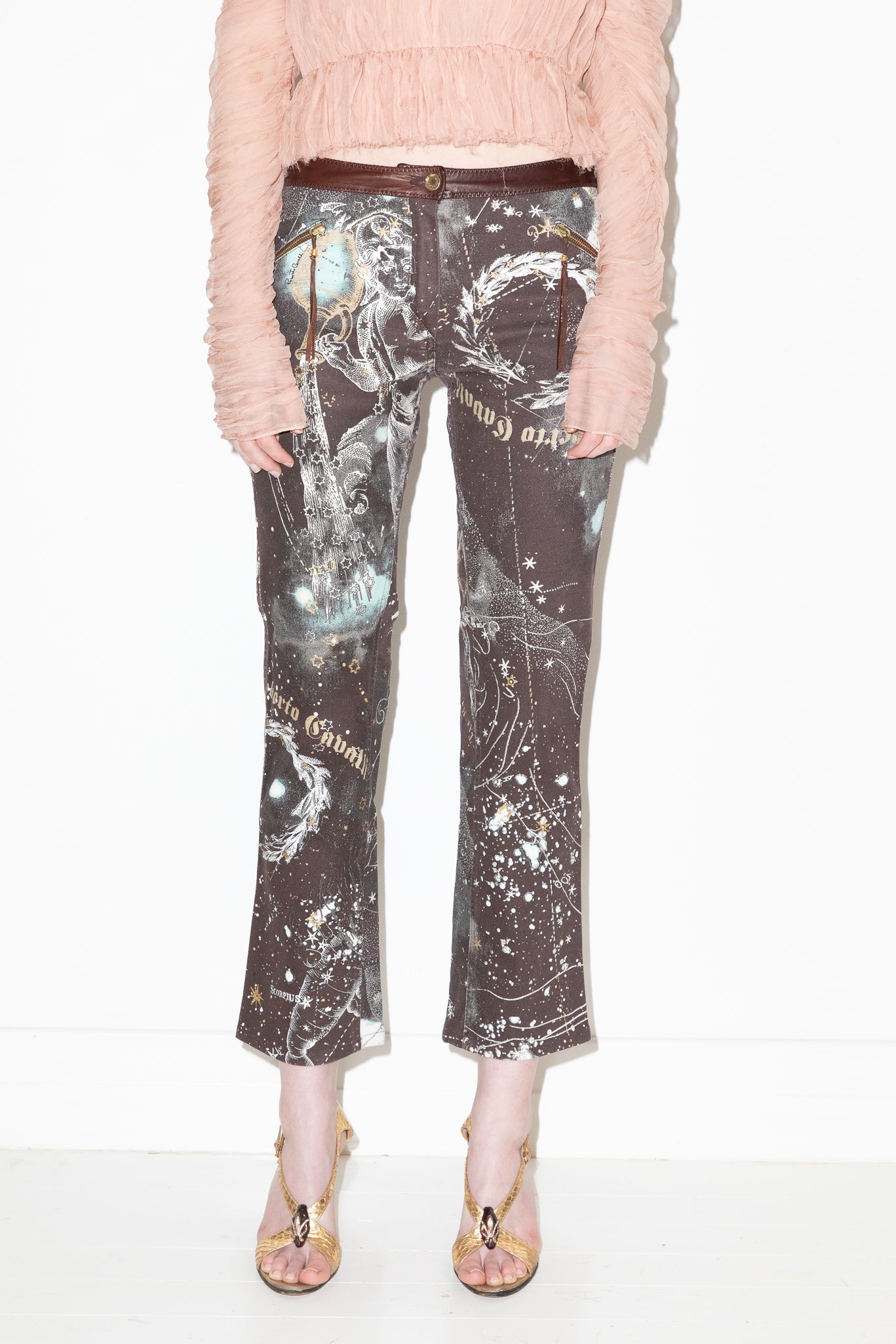 Roberto Cavalli <br> F/W 2003 mainline astrology print jeans with leather trim