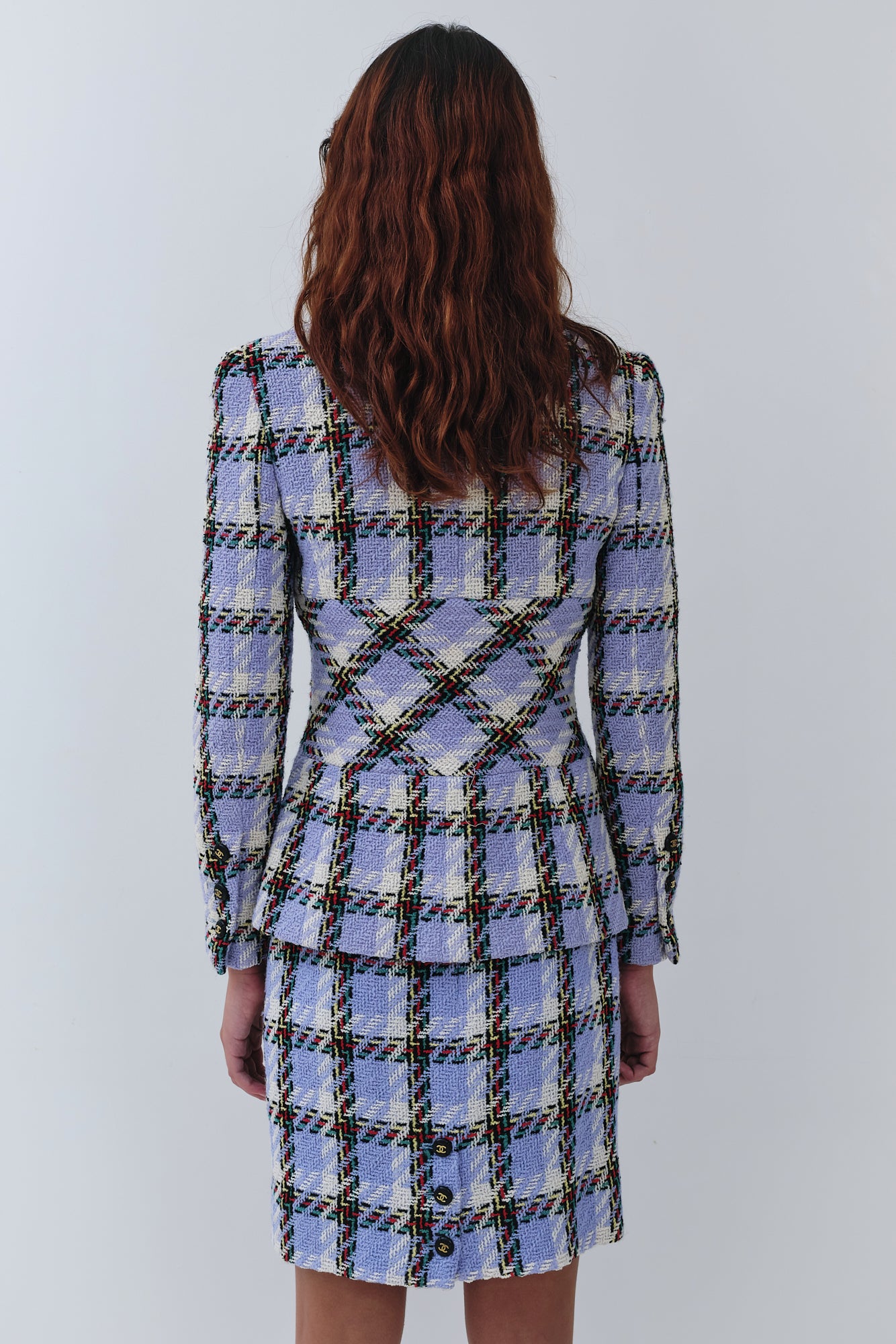 Chanel <br> S/S 1995 campaign runway fantasy tweed CC logo button skirt suit
