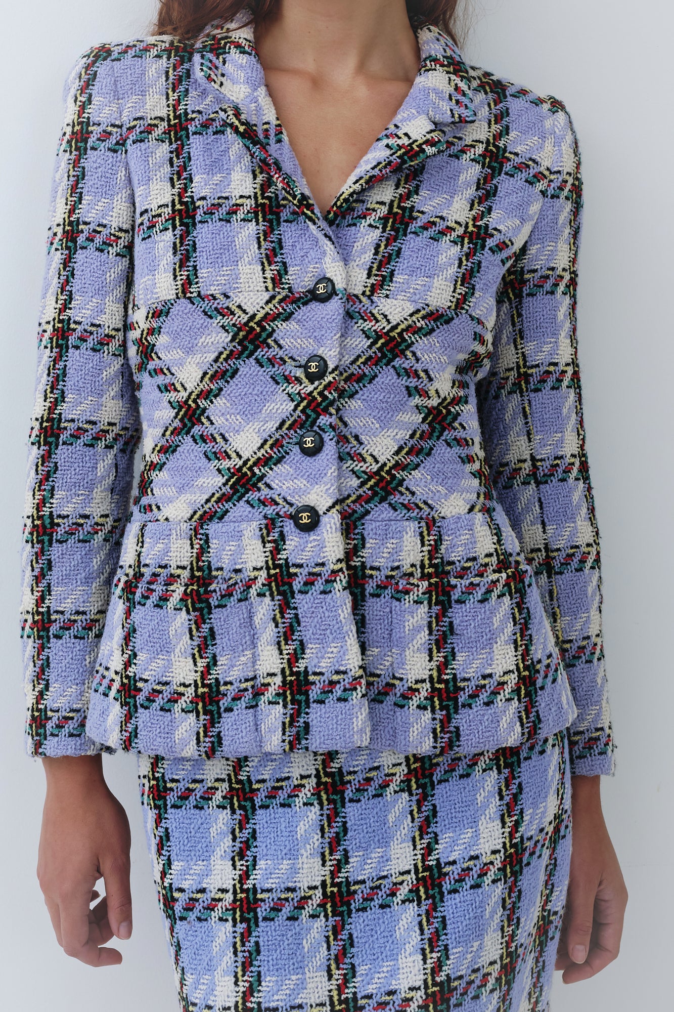 Chanel <br> S/S 1995 campaign runway fantasy tweed CC logo button skirt suit