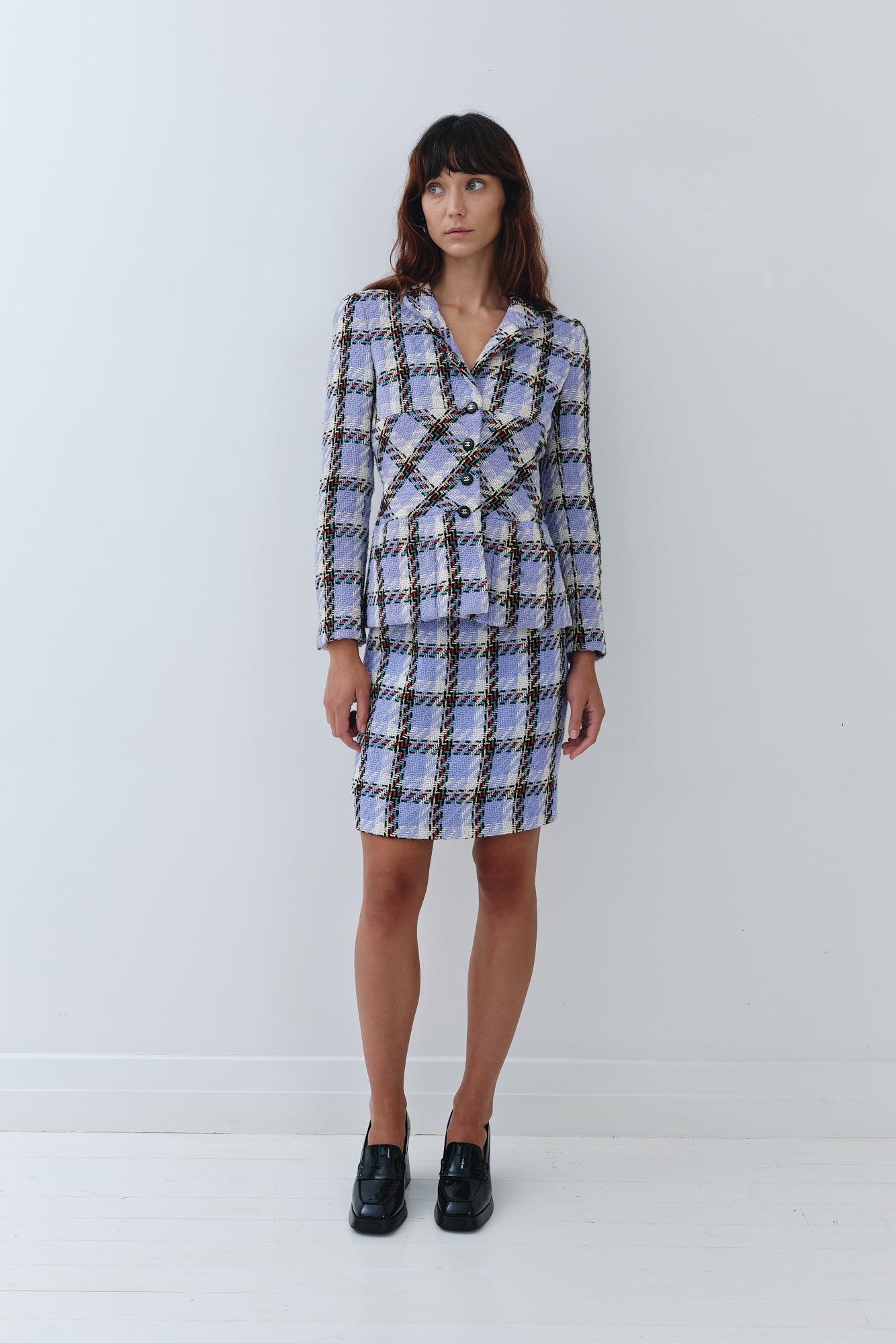 Chanel <br> S/S 1995 campaign runway fantasy tweed CC logo button skirt suit