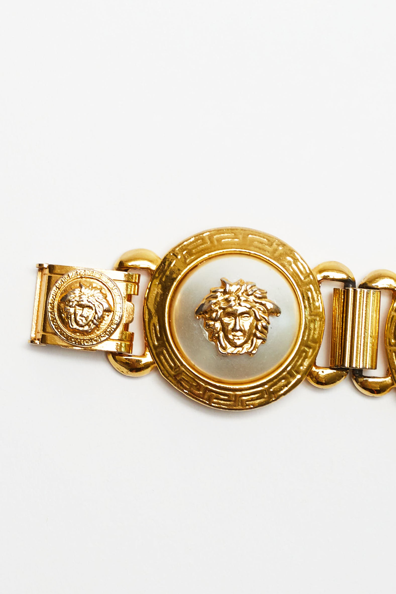 Gianni Versace <br> 90's gold Medusa head pearl medallion bracelet