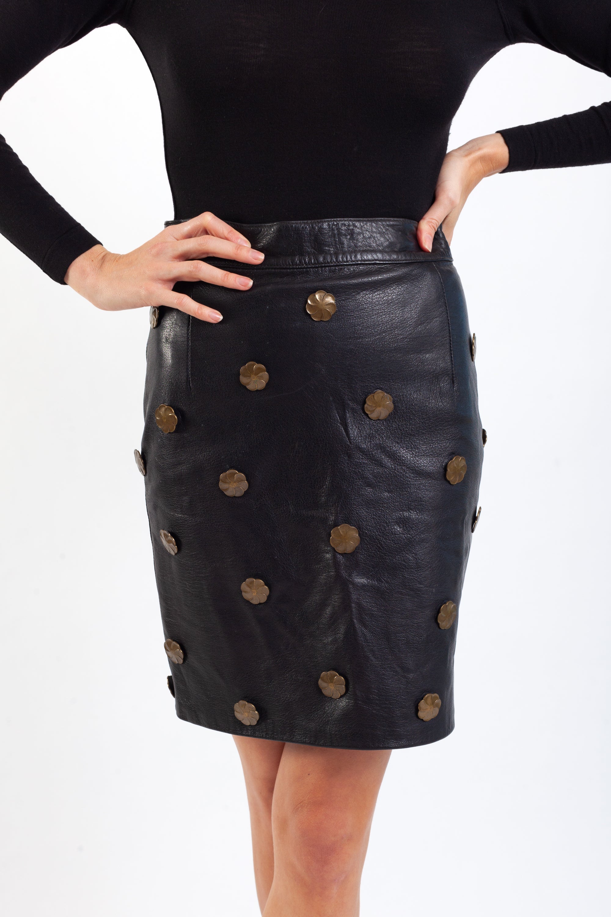 Moschino <br> F/W 1988 leather skirt with bronze medallions