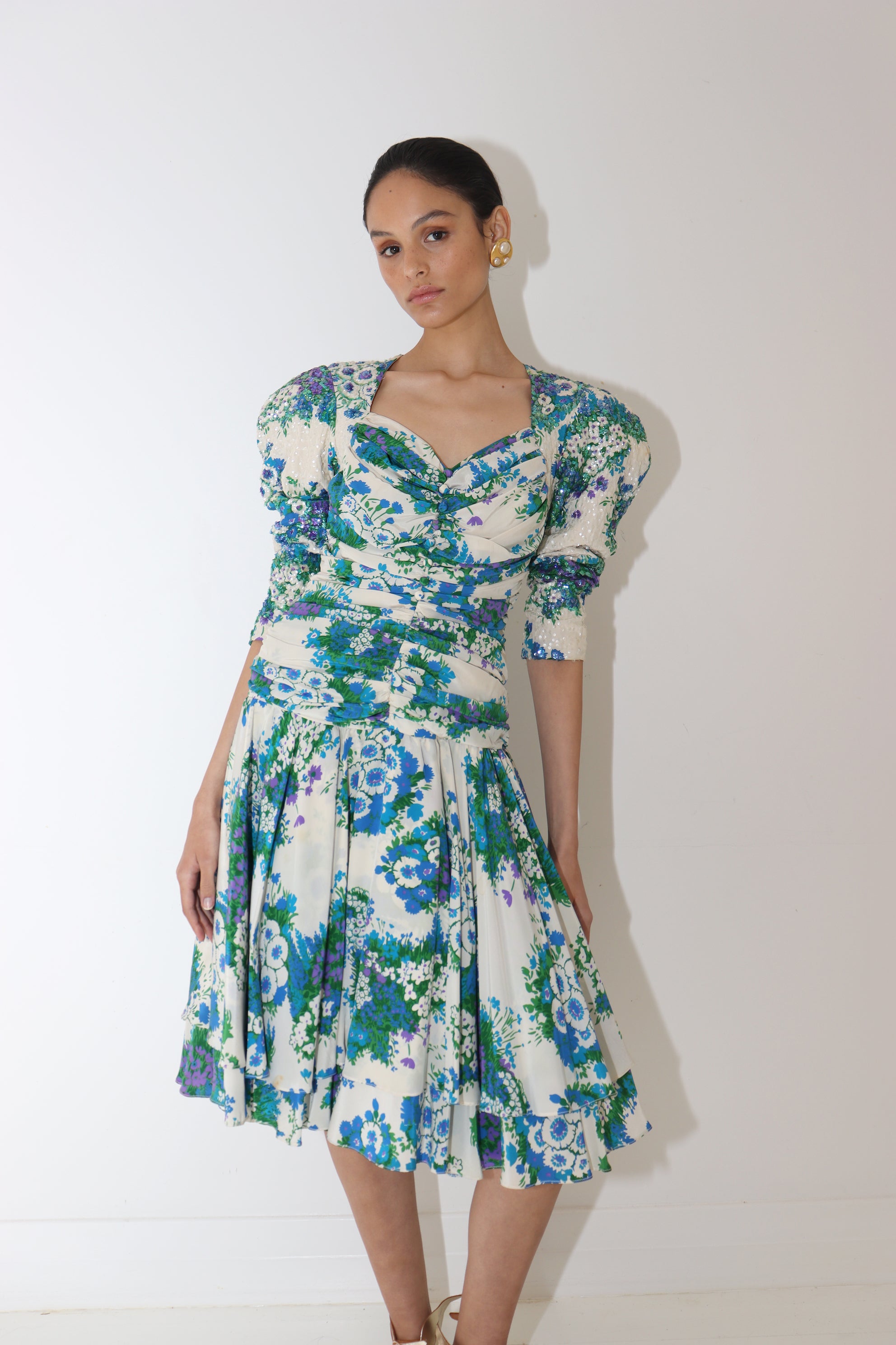 Christina Stambolian <br> 80's sequin floral print silk dress
