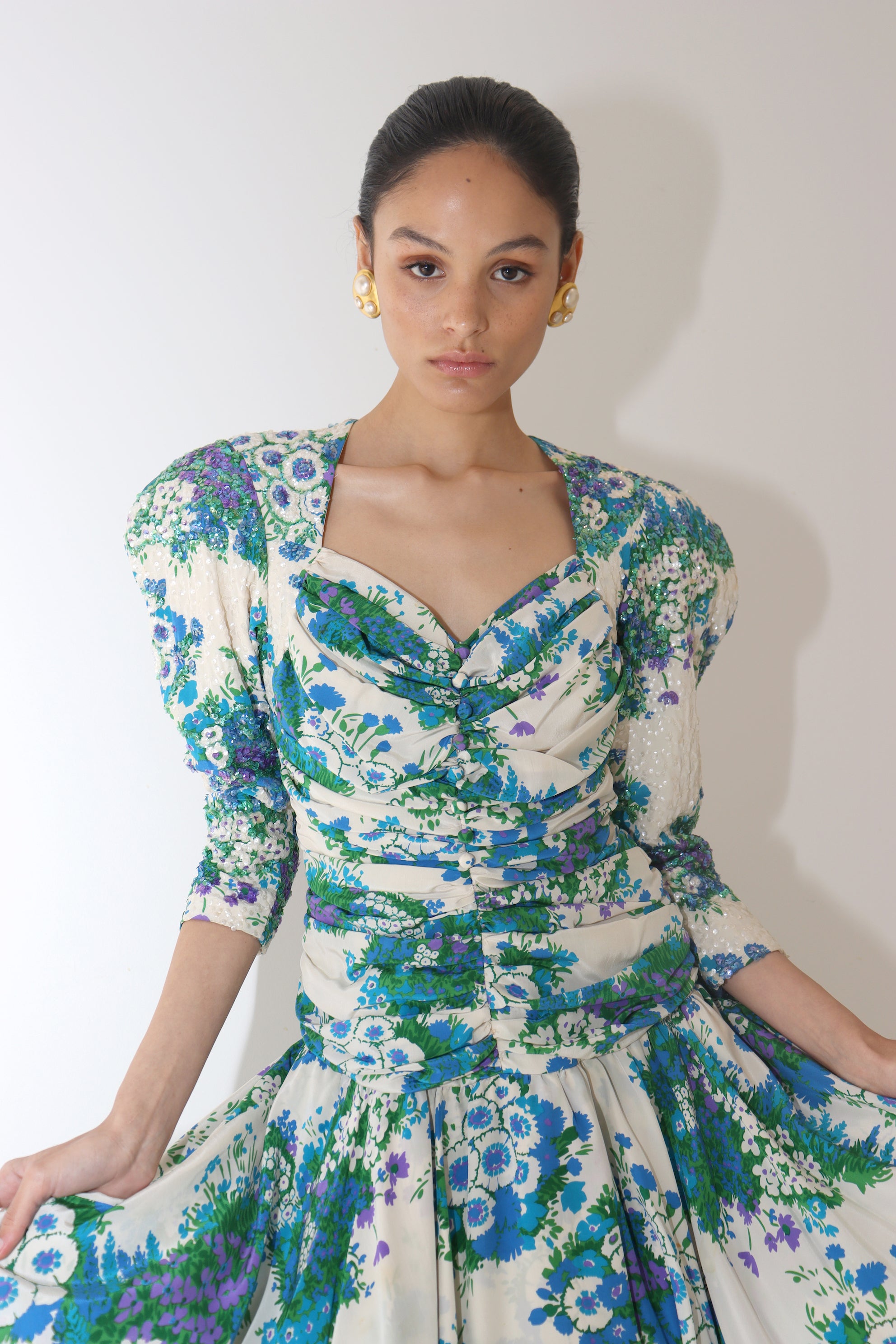 Christina Stambolian <br> 80's sequin floral print silk dress
