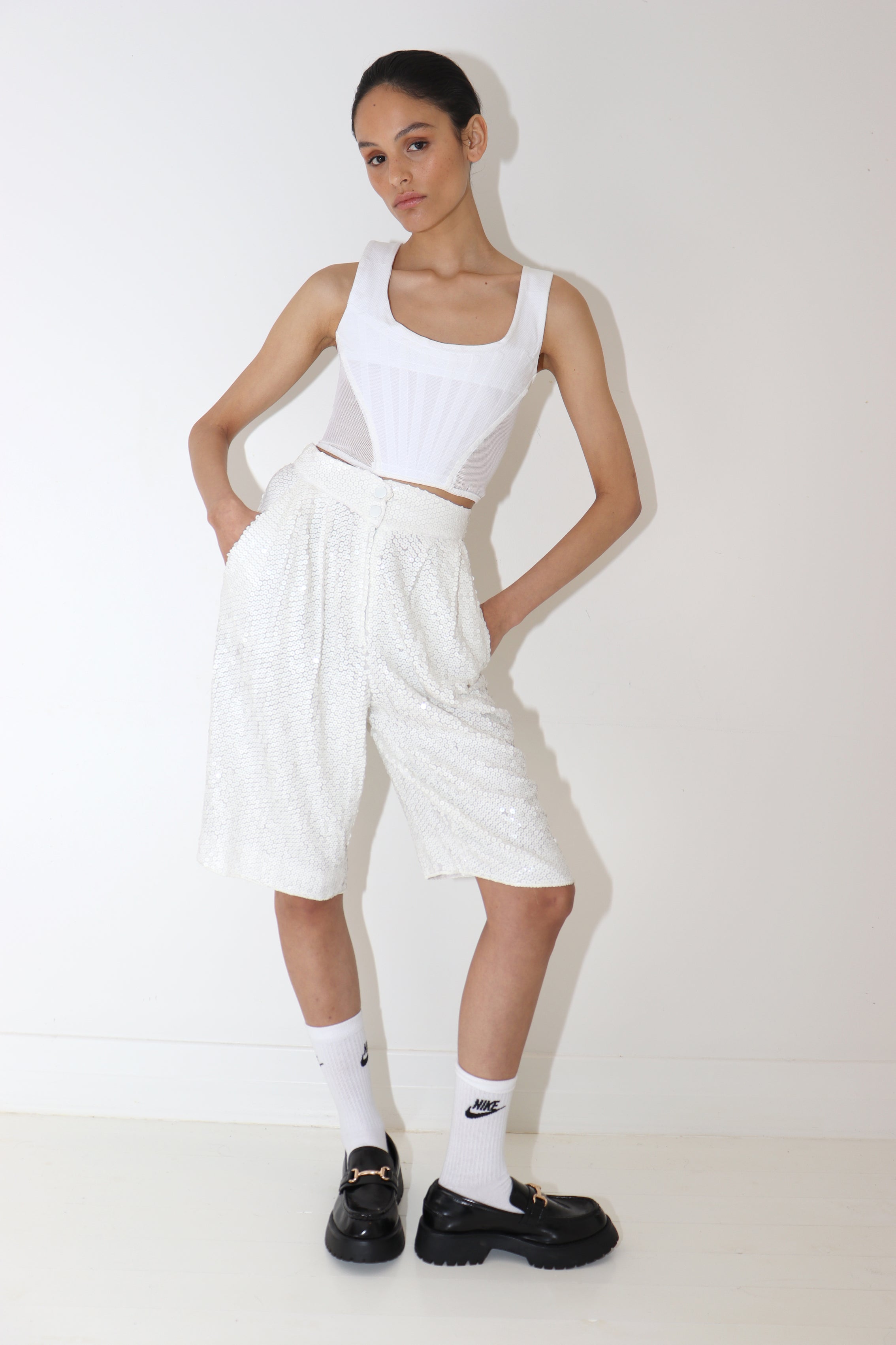 Krizia <br> 80's white sequin bermuda shorts