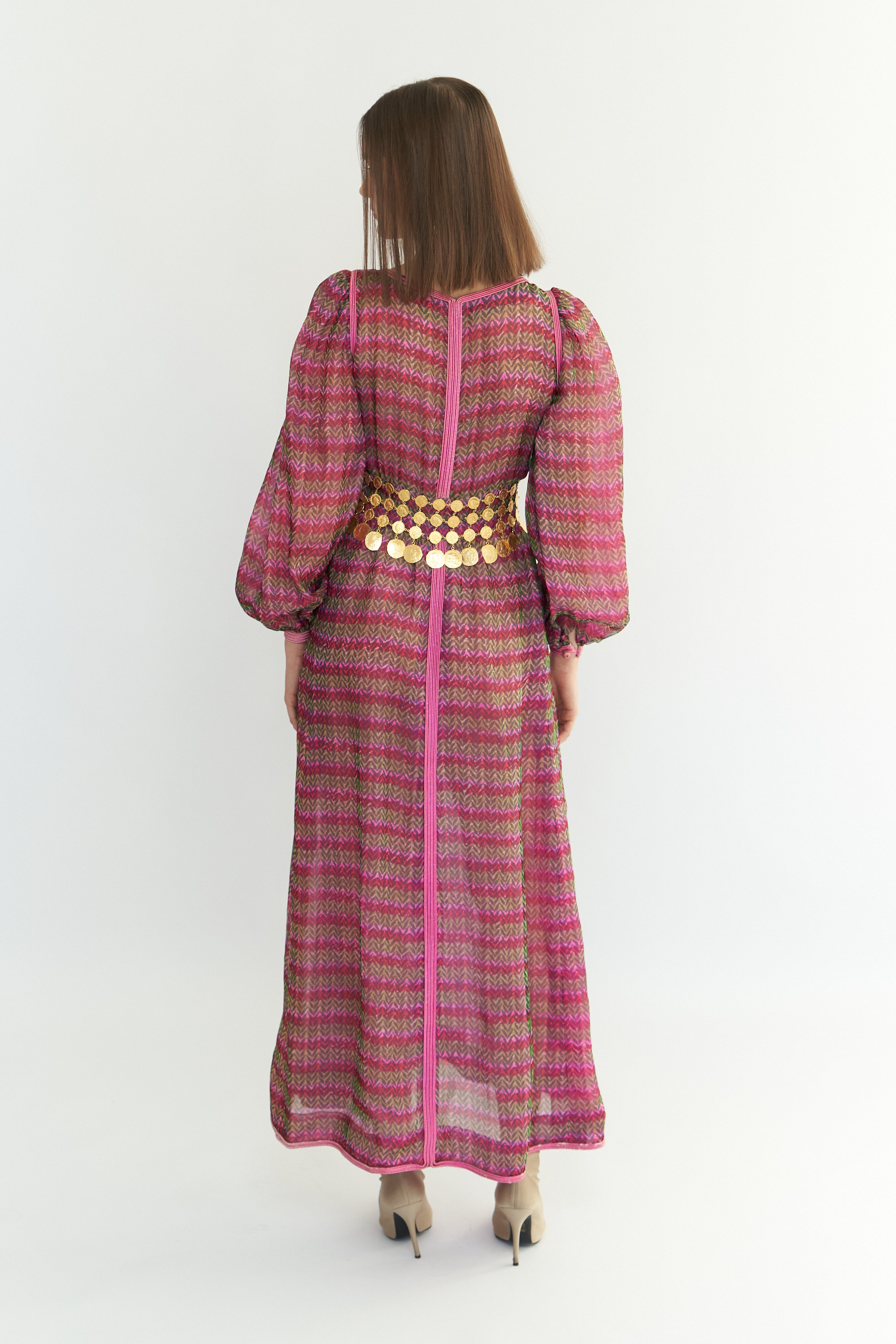 Givenchy <br> A/W 1977 Haute Couture silk chiffon print gown with gold coins