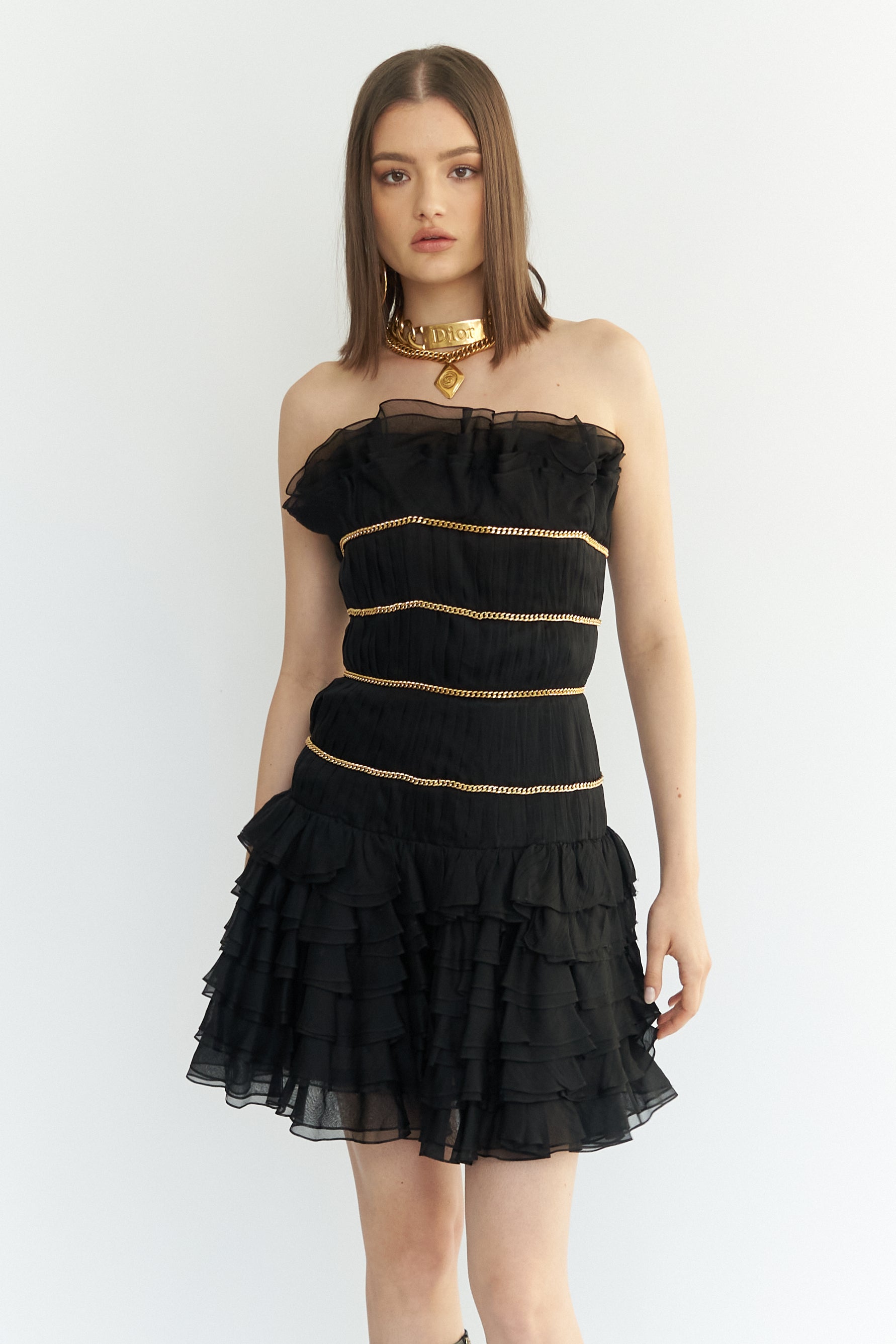 Chanel <br> S/S 1988 runway pleated silk cocktail dress with gold chain detail