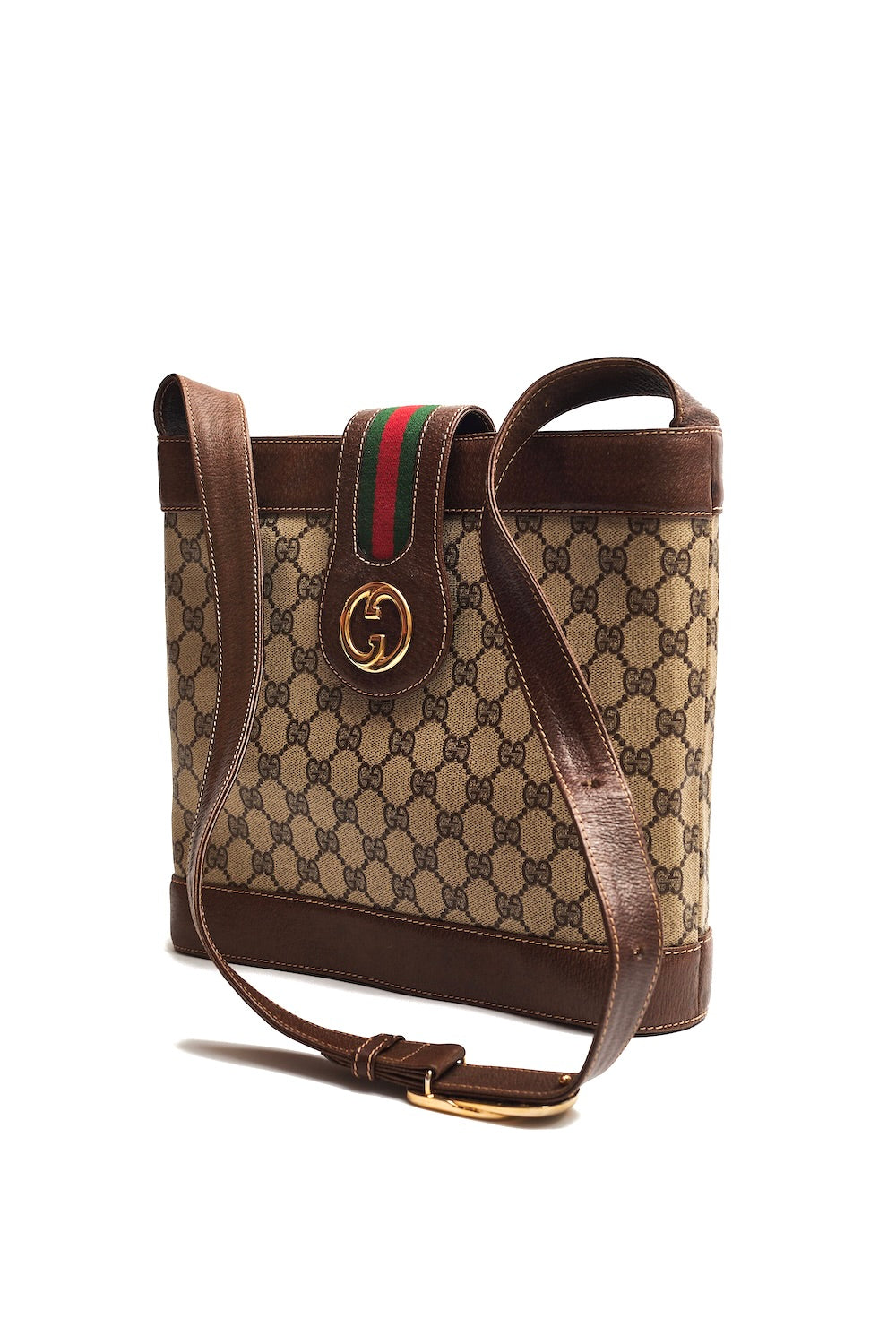 Gucci <br> 1970's leather & canvas monogram logo web shoulder bag